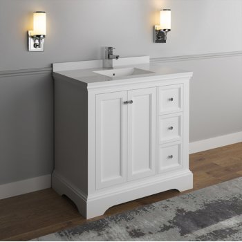 Fresca Windsor 36" Matte White Traditional Bathroom Vanity Base Cabinet w/ Top & Sink, Base Cabinet: 36" W x 20-3/8" D x 34-5/16" H