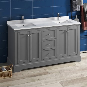 Fresca Windsor 60" Gray Textured Traditional Double Sink Bathroom Vanity Base Cabinet w/ Top & Sinks, Base Cabinet: 60" W x 20-3/8" D x 34-5/16" H