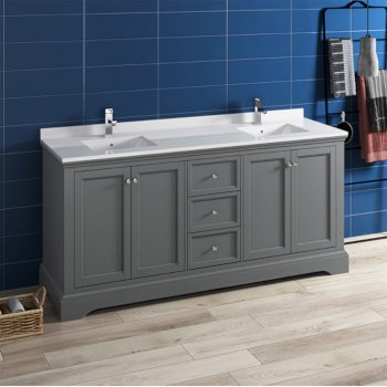 Fresca Windsor 72" Gray Textured Traditional Double Sink Bathroom Vanity Base Cabinet w/ Top & Sinks, Base Cabinet: 72" W x 20-3/8" D x 34-5/16" H