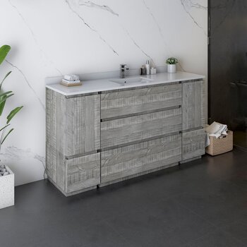 Fresca Formosa 60" Floor Standing Single Sink Modern Bathroom Vanity Base Cabinet w/ Top & Sink in Ash, Base Cabinet: 60" W x 20-3/8" D x 34-7/8" H