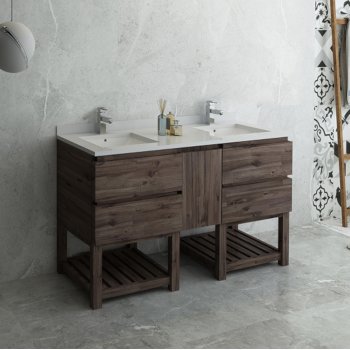 Fresca Formosa 60" Floor Standing Open Bottom Double Sink Modern Bathroom Vanity Base Cabinet w/ Top & Sinks, Base Cabinet: 60" W x 20-3/8" D x 34-7/8" H
