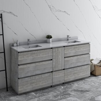 Fresca Formosa 72" Floor Standing Double Sink Modern Bathroom Vanity Base Cabinet w/ Top & Sinks in Ash, Base Cabinet: 72" W x 20-3/8" D x 34-7/8" H