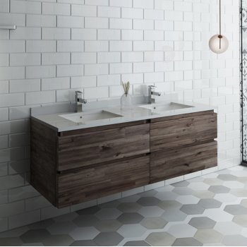 Fresca Formosa 60" Wall Hung Double Sink Modern Bathroom Vanity Base Cabinet w/ Top & Sinks, Base Cabinet: 60" W x 20-3/8" D x 20-5/16" H