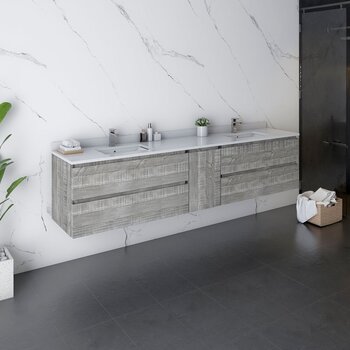 Fresca Formosa 84" Wall Hung Double Sink Modern Bathroom Vanity Base Cabinet w/ Top & Sinks in Ash, Base Cabinet: 84" W x 20-3/8" D x 20-5/16" H