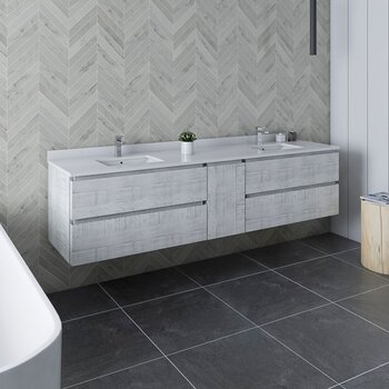 Fresca Formosa 84" Wall Hung Double Sink Modern Bathroom Vanity Base Cabinet w/ Top & Sinks in Rustic White, Base Cabinet: 84" W x 20-3/8" D x 20-5/16" H