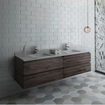 Fresca Formosa 72" Wall Hung Double Sink Modern Bathroom Vanity Base Cabinet w/ Top & Sinks, Base Cabinet: 72" W x 20-3/8" D x 20-5/16" H