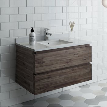 Fresca Formosa 36" Wall Hung Modern Bathroom Vanity Base Cabinet w/ Top & Sink, Base Cabinet: 36" W x 20-3/8" D x 20-5/16" H