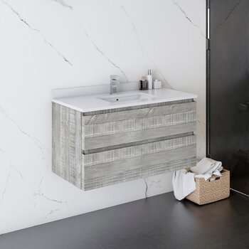 Fresca Formosa 36" Wall Hung Modern Bathroom Vanity Base Cabinet w/ Top & Sink in Ash, Base Cabinet: 36" W x 20-3/8" D x 20-5/16" H