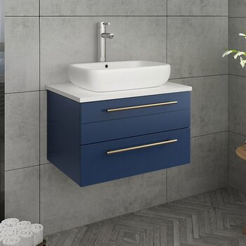 Fresca Lucera 24" Royal Blue Wall Hung Modern Bathroom Vanity Base Cabinet w/ Top & Vessel Sink, Vanity: 24"W x 20-2/5"D x 20-4/5"H