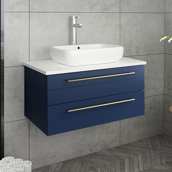 Fresca Lucera 30" Royal Blue Wall Hung Modern Bathroom Vanity Base Cabinet w/ Top & Vessel Sink, Vanity: 30"W x 20-2/5"D x 20-4/5"H