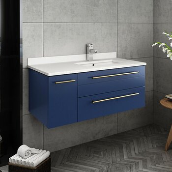 Fresca Lucera 36" Royal Blue Wall Hung Modern Bathroom Vanity Base Cabinet w/ Top & Undermount Sink - Right Version, Vanity: 36"W x 20-2/5"D x 15-4/5"H