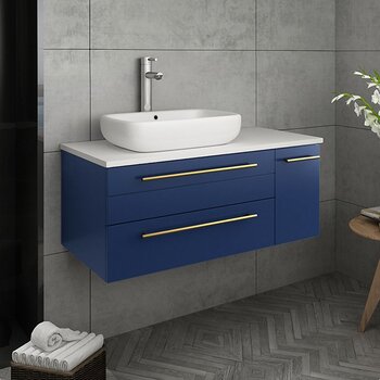Fresca Lucera 36" Royal Blue Wall Hung Modern Bathroom Vanity Base Cabinet w/ Top & Vessel Sink - Left Version, Vanity: 36"W x 20-2/5"D x 20-4/5"H