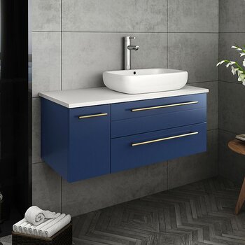 Fresca Lucera 36" Royal Blue Wall Hung Modern Bathroom Vanity Base Cabinet w/ Top & Vessel Sink - Right Version, Vanity: 36"W x 20-2/5"D x 20-4/5"H