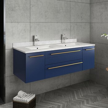 Fresca Lucera 48" Royal Blue Wall Hung Modern Bathroom Vanity Base Cabinet w/ Top & Double Undermount Sinks, Vanity: 48"W x 20-2/5"D x 15-4/5"H