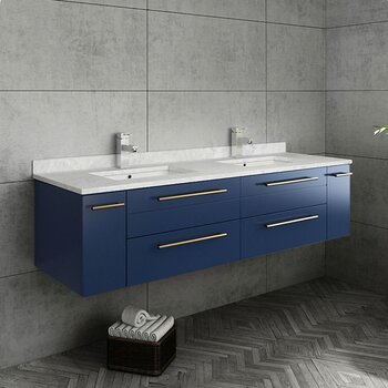 Fresca Lucera 60" Royal Blue Wall Hung Modern Bathroom Vanity Base Cabinet w/ Top & Double Undermount Sinks, Vanity: 60"W x 20-2/5"D x 15-4/5"H