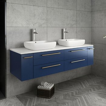 Fresca Lucera 60" Royal Blue Wall Hung Modern Bathroom Vanity Base Cabinet w/ Top & Double Vessel Sinks, Vanity: 60"W x 20-2/5"D x 20-4/5"H