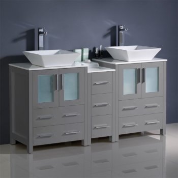 60" Gray Double Sink Vanity Cabinets w/ Tops & Vessel Sinks