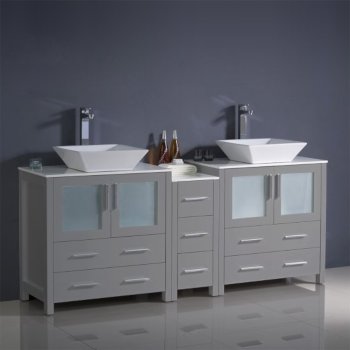 72" Gray Double Sink Vanity Cabinets w/ Tops & Vessel Sinks