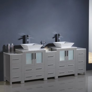 84" Gray Double Sink Vanity Cabinets w/ Tops & Vessel Sinks