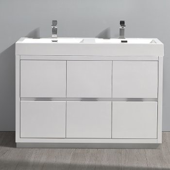 Fresca Valencia 48" Glossy White Free Standing Double Sink Modern Bathroom Vanity, Vanity Base: 48" W x 19" D x 34" H, Sink: 19-11/16" W x 12-5/16" D x 4-4/5" H