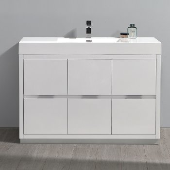 Fresca Valencia 48" Glossy White Free Standing Modern Bathroom Vanity, Vanity Base: 48" W x 19" D x 34" H, Sink: 21-7/8" W x 12-5/16" D x 4-4/5" H