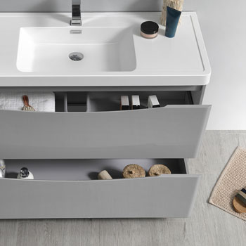  Glossy Gray Single Cabinet with Sink Drawers Open Close Up