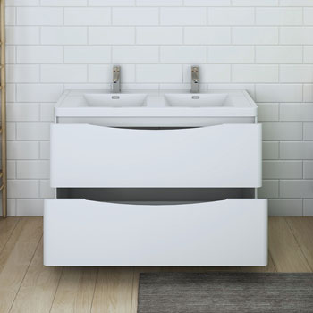  Glossy White Double Cabinet with Sinks Drawers Open
