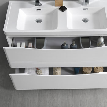  Glossy White Double Cabinet with Sinks Drawers Open Close Up