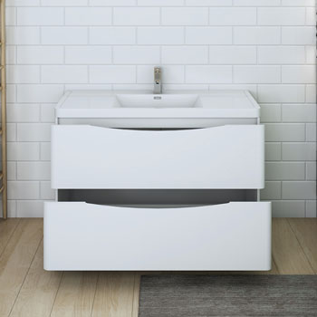  Glossy White Single Cabinet with Sink Drawers Open