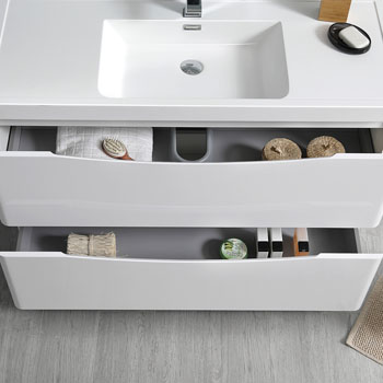  Glossy White Single Cabinet with Sink Drawers Open Close Up