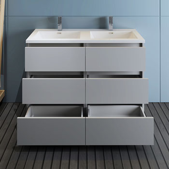 Gray Double Cabinet with Sink Drawers Open