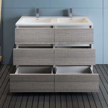Glossy Ash Gray Double Cabinet with Sink Drawers Open