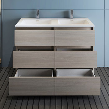 Gray Wood Double Cabinet with Sink Drawers Open