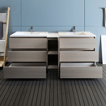 Gray Wood with Sinks Drawers Open
