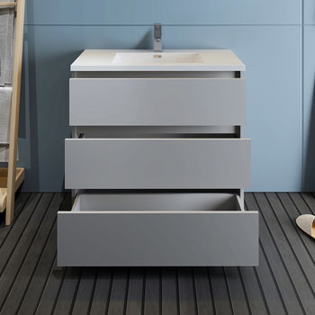 36" Gray Cabinet with Sink Drawers Open