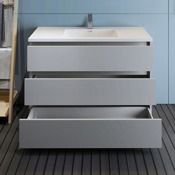Gray Single Cabinet with Sink Drawers Open