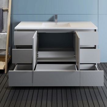 Gray Cabinet with Sink Drawers Open