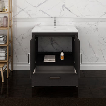 30" Dark Gray Oak Cabinet with Sink Drawers/Cabinet Open