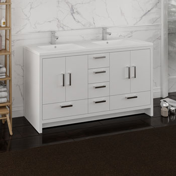 Glossy White Double Cabinet with Sinks Side View