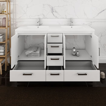 Glossy White Double Cabinet with Sinks Overhead View