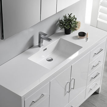 Glossy White Single Cabinet with Sink Overhead View