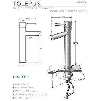 Fresca Tolerus Single Hole Vessel Mount Bathroom Vanity Faucet in Chrome, Dimensions