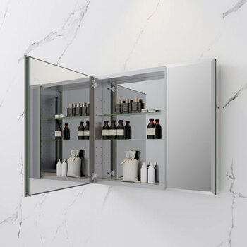 Fresca Senza 30'' Wide x 26'' Tall Modern Frameless Wall Mounted Bathroom Medicine Cabinet with 2-Doors and Beveled Edge, Anodized Aluminum, Opened View