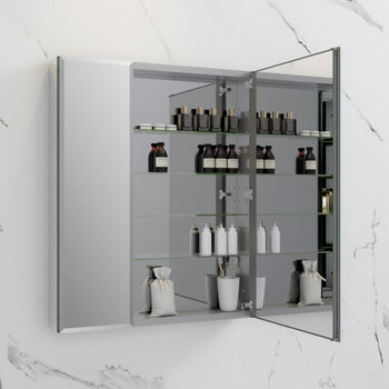 Fresca Senza 30'' Wide x 36'' Tall Modern Frameless Wall Mounted Bathroom Medicine Cabinet with 2-Doors and Beveled Edge, Anodized Aluminum, Opened View