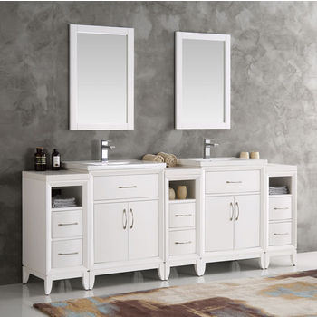 Fresca Cambridge 84" White Double Sink Traditional Bathroom Vanity with Mirrors, Dimensions of Vanity: 84" W x 18-5/16" D x 33-2/5" H