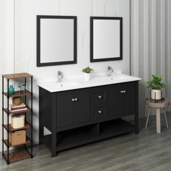 Fresca Manchester 60" Black Traditional Double Sink Bathroom Vanity Set w/ Mirrors, Vanity: 60" W x 20-2/5" D x 34-4/5" H