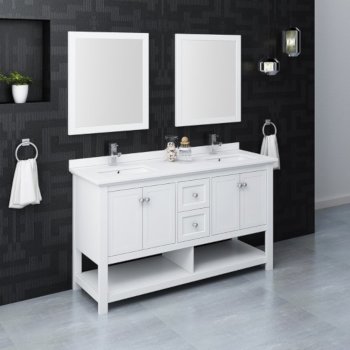Fresca Manchester 60" White Traditional Double Sink Bathroom Vanity Set w/ Mirrors, Vanity: 60" W x 20-2/5" D x 34-4/5" H