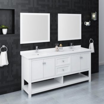 Fresca Manchester 72" White Traditional Double Sink Bathroom Vanity Set w/ Mirrors, Vanity: 72" W x 20-2/5" D x 34-4/5" H
