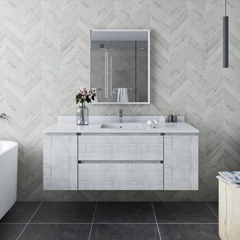 Fresca Formosa 54" Wall Hung Modern Bathroom Vanity Set w/ Mirror in Rustic White Finish, Base Cabinet: 54" W x 20-3/8" D x 20-5/16" H
