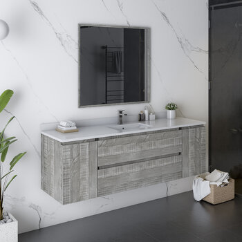 Fresca Formosa 60" Wall Hung Single Sink Modern Bathroom Vanity Set w/ Mirror in Ash Finish, Base Cabinet: 60" W x 20-3/8" D x 20-5/16" H